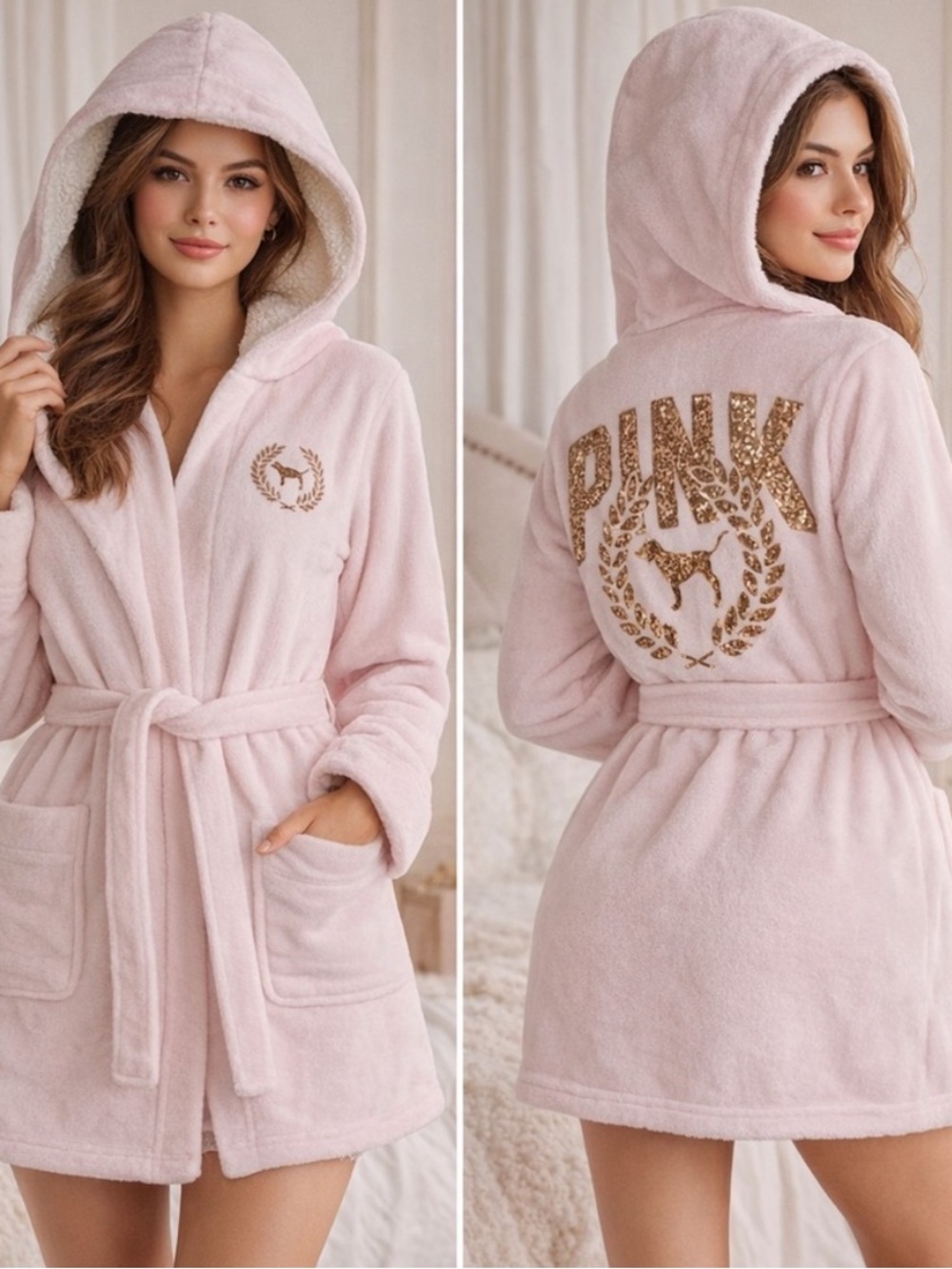 Victoria’s Secret Pink Gold Sequins logo Sherpa Bathrobe